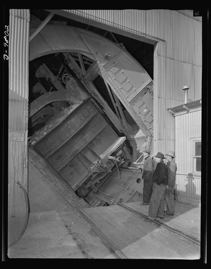 Production. Copper. A rotary car dumper discharging copper ore at the Magna, Utah mill of the Utah Copper Company. Vast quantities of copper needed for war production are treated at the company's plants at Magna and Arthur