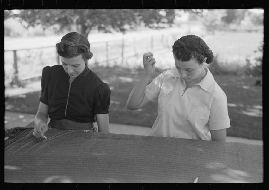 Box Elder County, Utah. Mormon women tacking a quilt to be used by a sheepherder