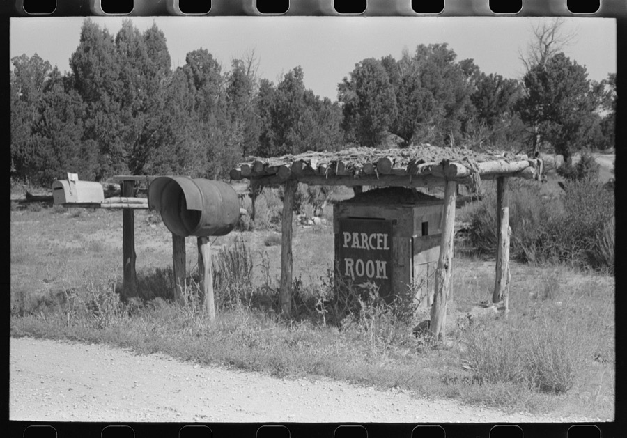 Mail boxes and parcel room along Highway 160, San Juan County, Utah