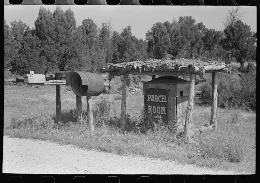 Mail boxes and parcel room along Highway 160, San Juan County, Utah