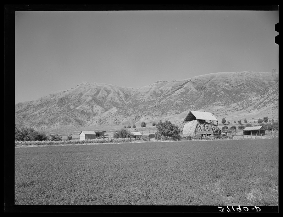 Hay barn on farm at foot of Wasatch Mountains. Box Elder County, Utah