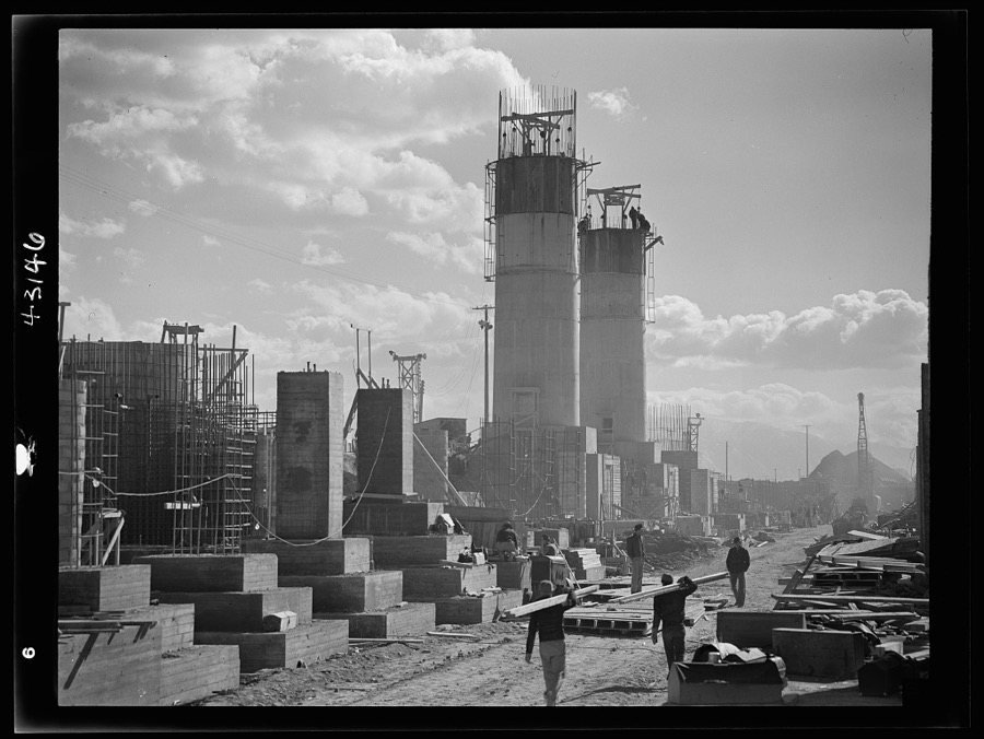 Columbia Steel Company at Geneva, Utah. Partly finished open hearth furnaces and stacks for a steel mill under construction which will soon be producing vitally needed steel