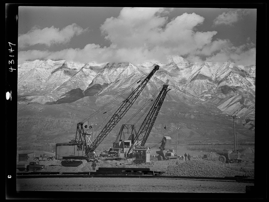 Columbia Steel Company at Geneva, Utah. Draglines are working day and night excavating for the building of open hearth furnaces for a new steel mill which will make important additions to the vast amount of steel needed for the war effort