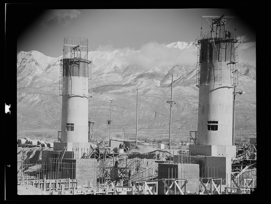 Columbia Steel Company at Geneva, Utah. Partly finished open hearth furnaces and stacks for a steel mill under construction which will soon be producing vitally needed steel