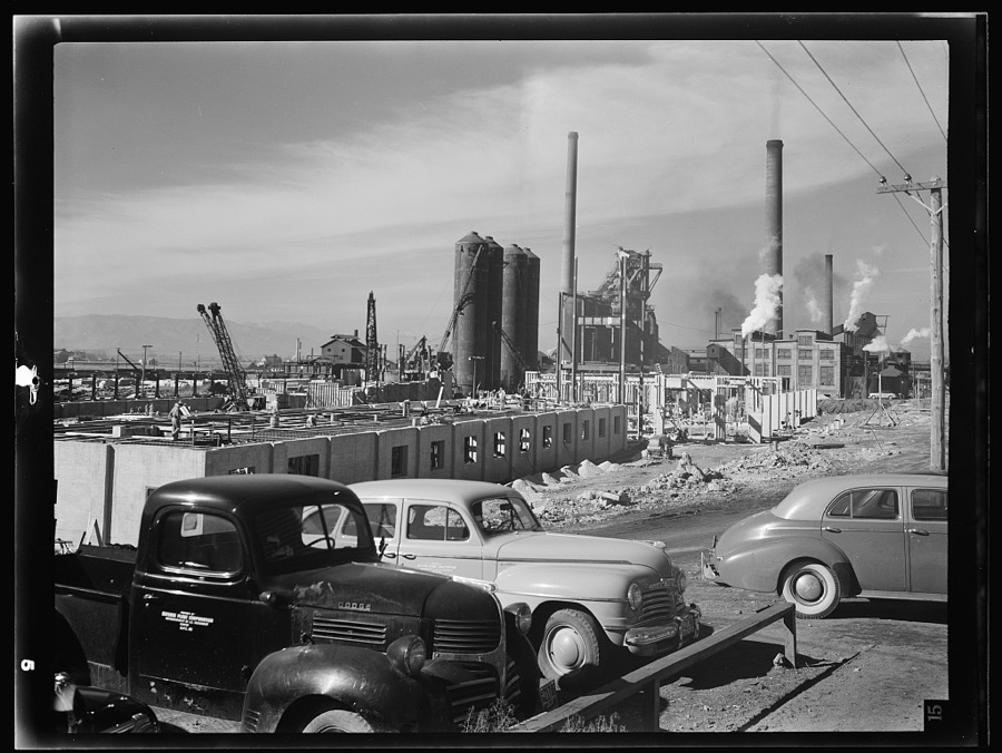 Columbia Steel Company at Geneva, Utah. Steel and concrete go into place rapidly as a new steel mill takes form. The new plant will make important additions to the vast amount of steel needed for the war effort