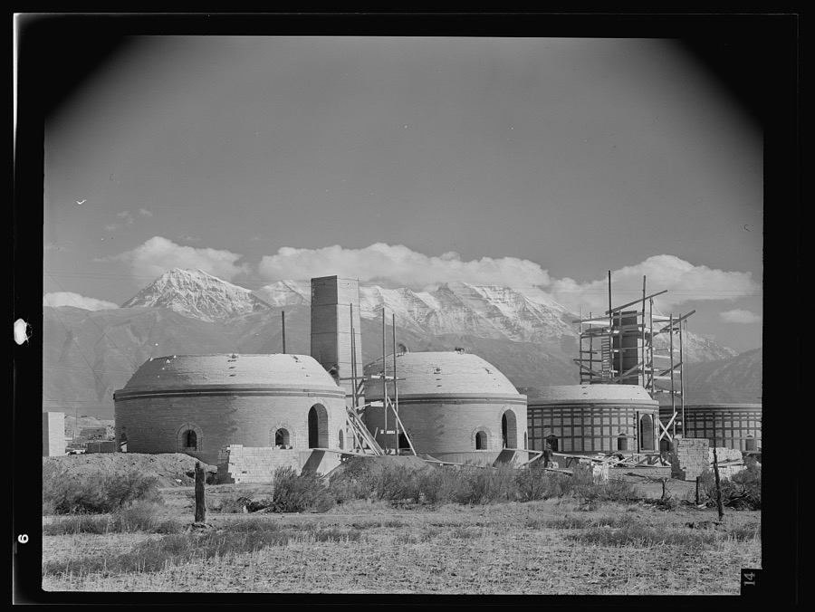 Columbia Steel Company at Geneva, Utah. Metal casings for concrete piles that will serve as foundations for a new steel mill under construction