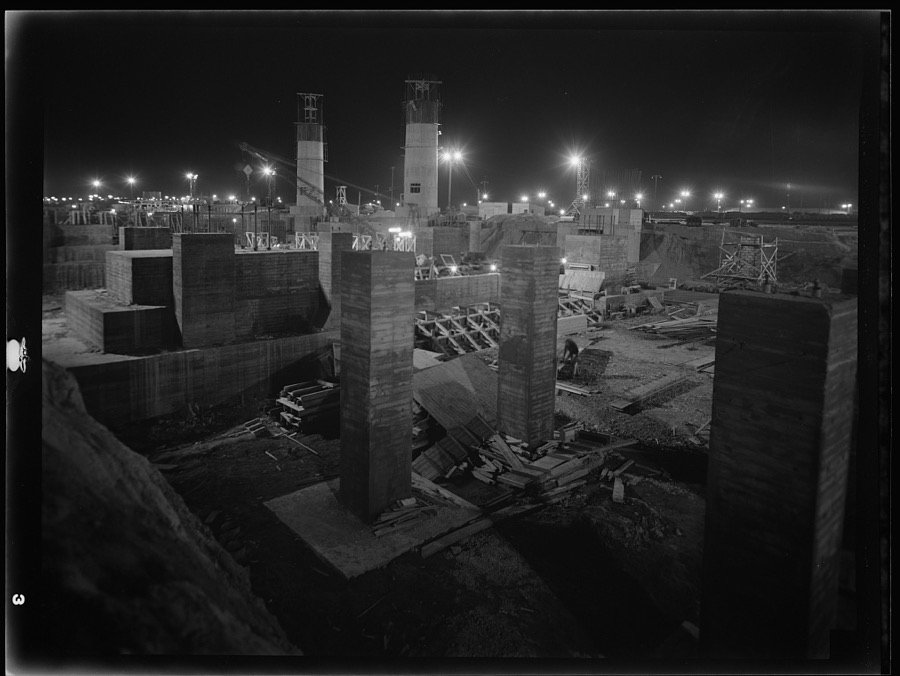 Columbia Steel Company at Geneva, Utah. Steel and concrete go into place rapidly as a new steel mill takes form. The new plant will make important additions to the vast amount of steel needed for the war effort