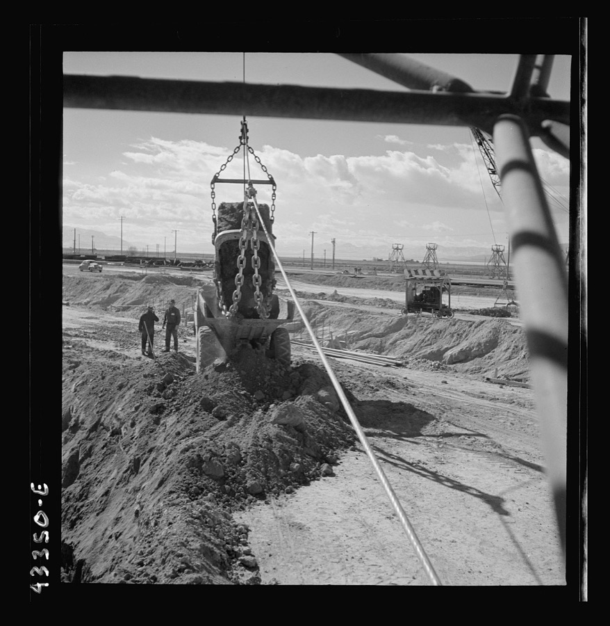 Columbia Steel Company at Geneva, Utah. Draglines are working day and night excavating for the building of open hearth furnaces for a new steel mill which will make important additions to the vast amount of steel needed for the war effort