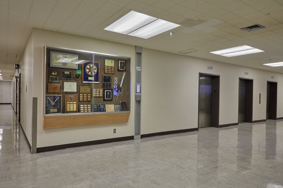 Elevator lobby, James V. Hansen Federal Building, originally the Federal Building United States Court House, is constructed in the Modernist style is a six story structure located at the northeast corner of Grant Ave. and 25th St in Ogden, Utah