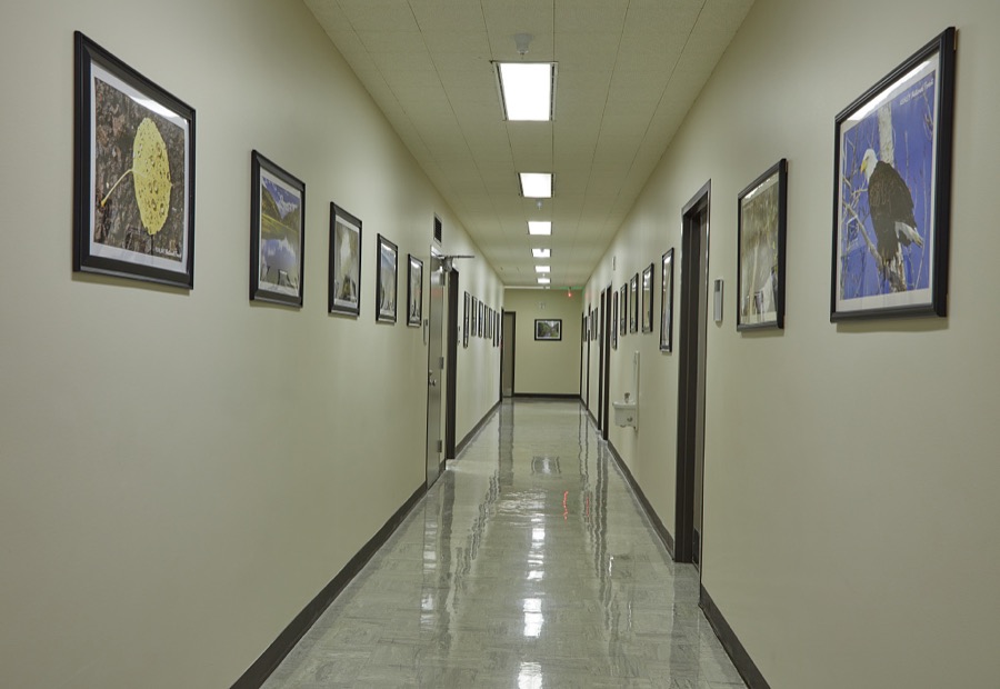 Hallway, James V. Hansen Federal Building, originally the Federal Building United States Court House, is constructed in the Modernist style is a six story structure located at the northeast corner of Grant Ave. and 25th St in Ogden, Utah