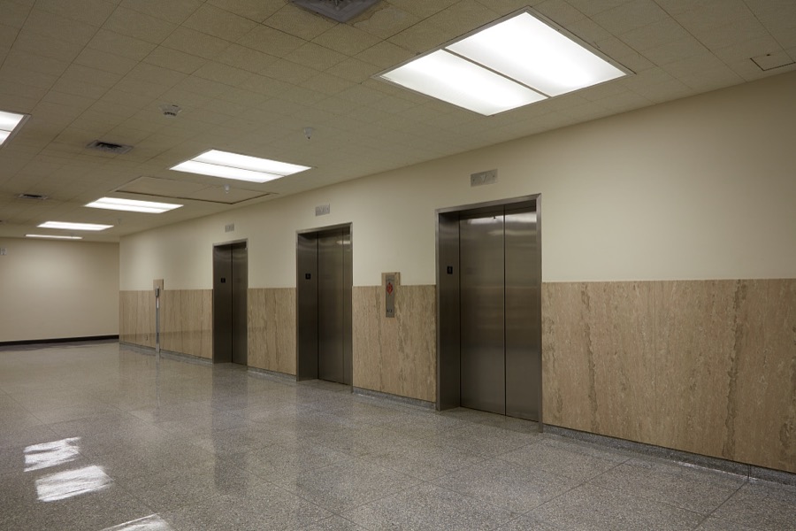 Elevator lobby, James V. Hansen Federal Building, originally the Federal Building United States Court House, is constructed in the Modernist style is a six story structure located at the northeast corner of Grant Ave. and 25th St in Ogden, Utah