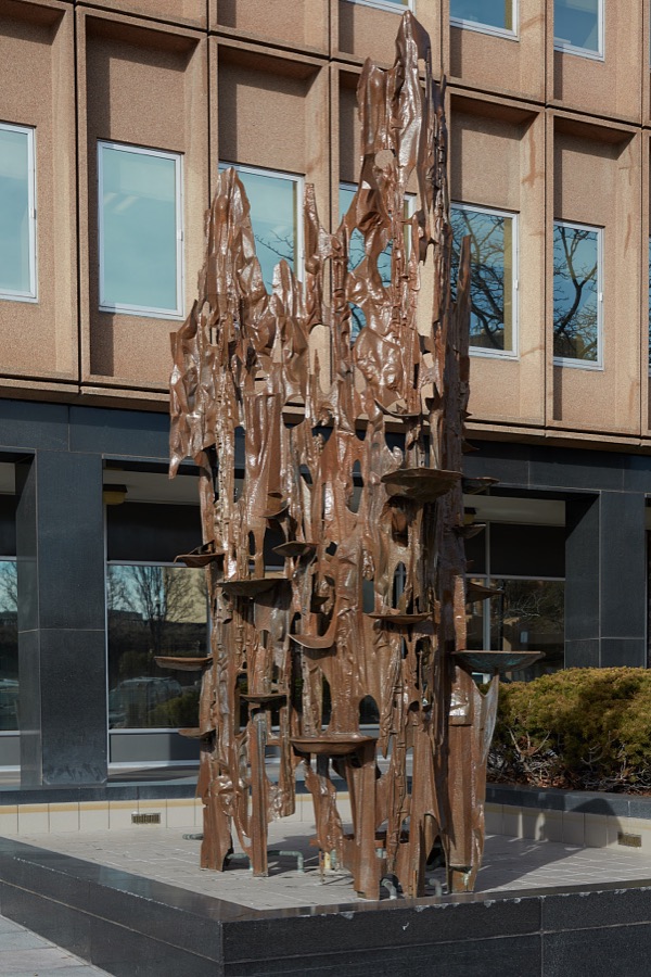 Sculpture, James V. Hansen Federal Building, originally the Federal Building United States Court House, is constructed in the Modernist style is a six story structure located at the northeast corner of Grant Ave. and 25th St in Ogden, Utah