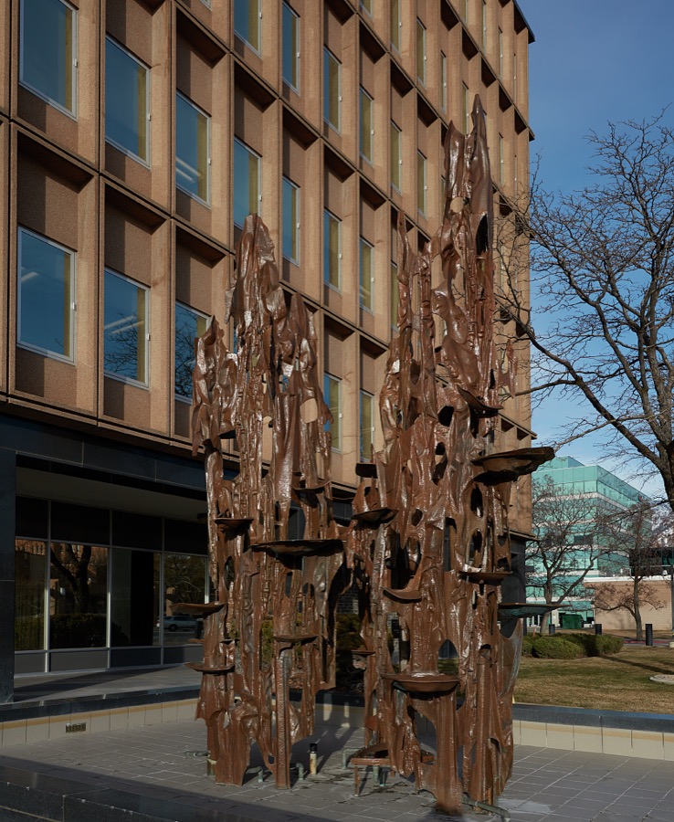Sculpture, James V. Hansen Federal Building, originally the Federal Building United States Court House, is constructed in the Modernist style is a six story structure located at the northeast corner of Grant Ave. and 25th St in Ogden, Utah