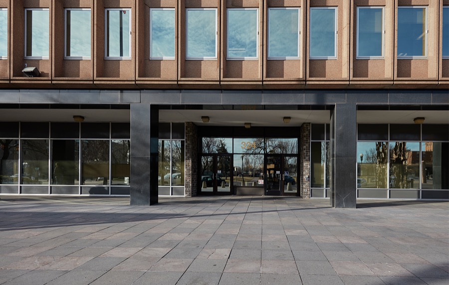 Entrance, James V. Hansen Federal Building, originally the Federal Building United States Court House, is constructed in the Modernist style is a six story structure located at the northeast corner of Grant Ave. and 25th St in Ogden, Utah