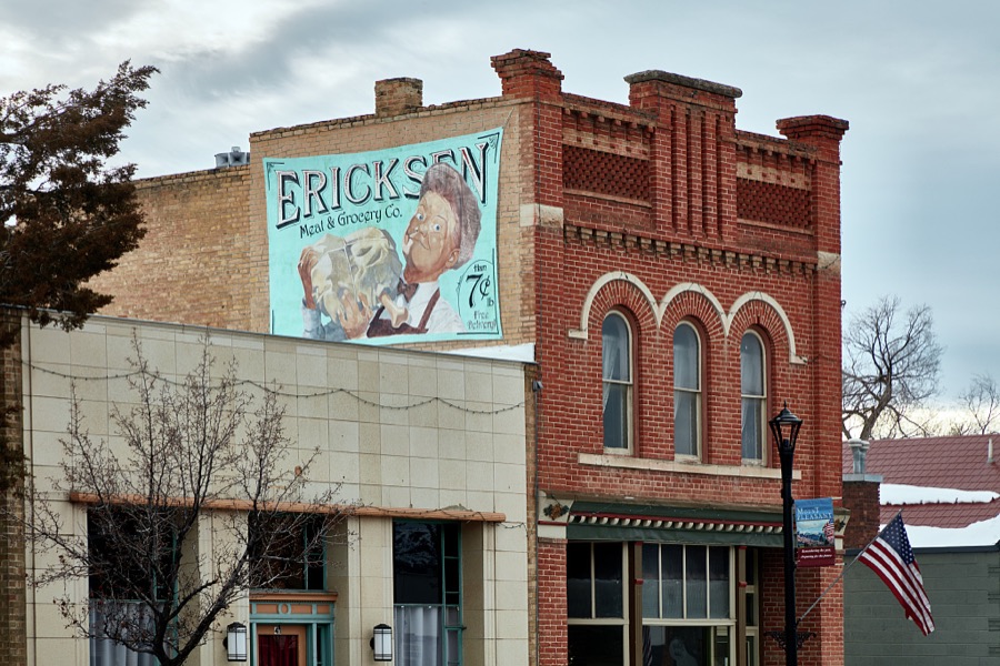 A vintage grocery-store advertising sign catches in the downtown in the small central-Utah city (population c. 3,500) of Mt. Pleasant