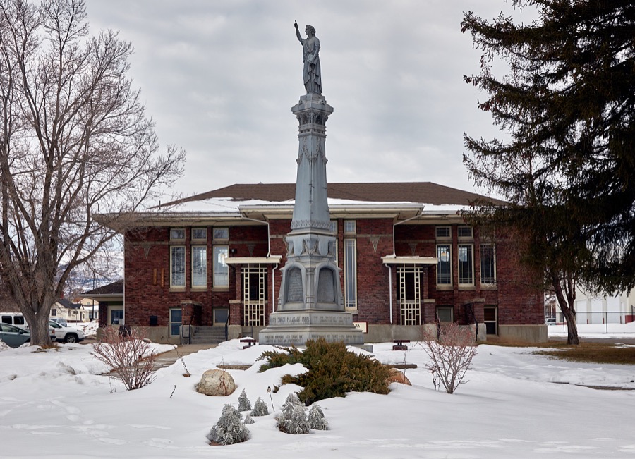 The Mount Pleasant Monument honors the town's pioneers of the late 1850s in the small central-Utah city (population c. 3,500) of Mt. Pleasant