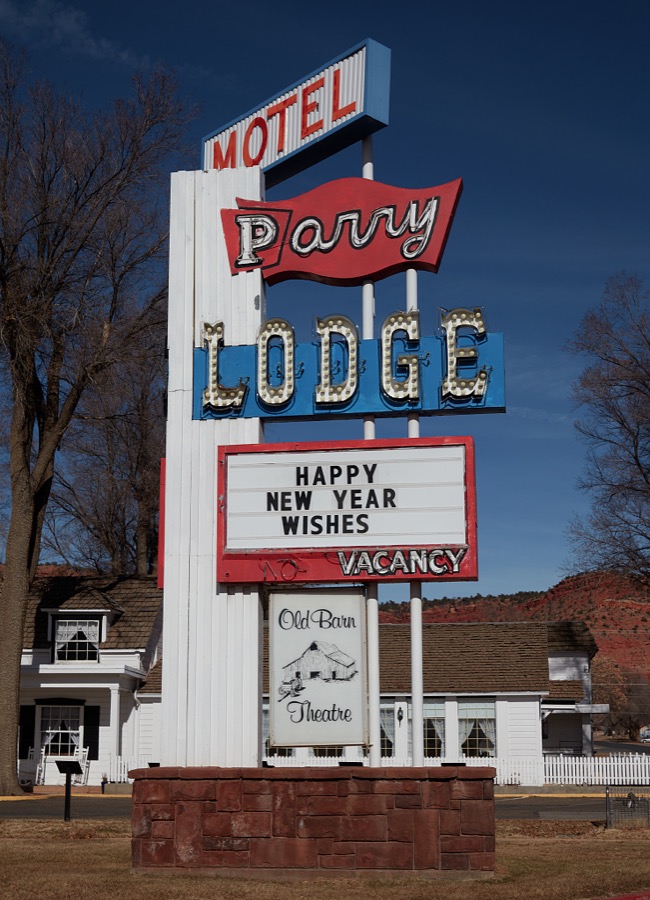 A classic motel sign for the Parry Lodge in the Utah city of Kanab