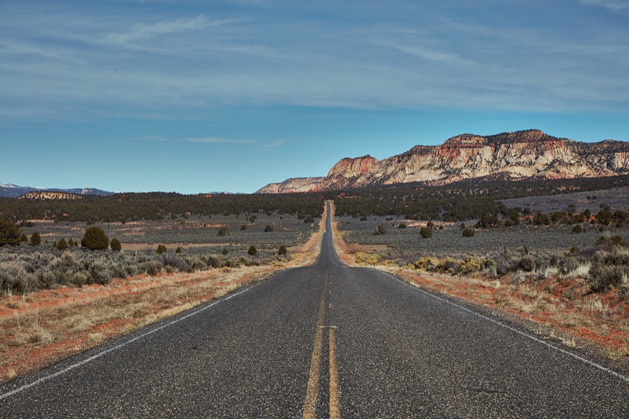 One doesn't have to wait for the park to see an impressive scene as this road from the city of Kanab to Zion National Park in the western U.S. state of Utah whets the appetite