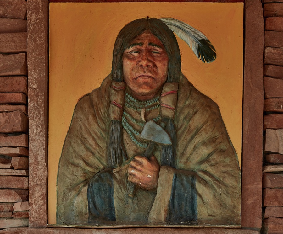 This is one of several evocative pieces of art depicting Native Americans outside the Thunderbird Restaurant in the tiny, remote crossroads community of Mt. Carmel on the highway leading to the Utah city of Kanab and the Arizona border