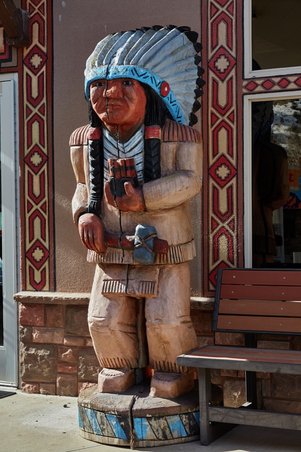 This evocative carving of a Native American stands outside the Thunderbird Restaurant in the tiny, remote crossroads community of Mt. Carmel on the highway leading to the Utah city of Kanab and the Arizona border