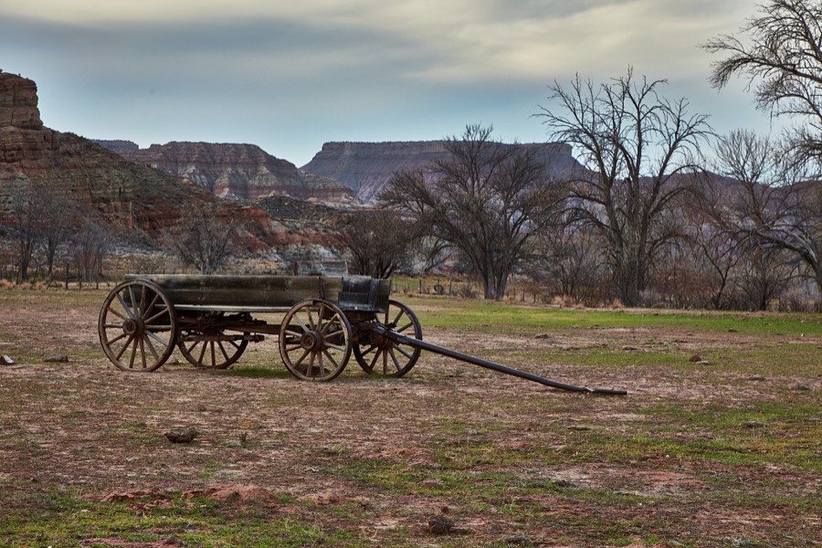 A surviving freight wagon in Grafton, a ghost town, but a well preserved, not decayed and falling-down one, south of Zion National Park in the western U.S. state of Utah
