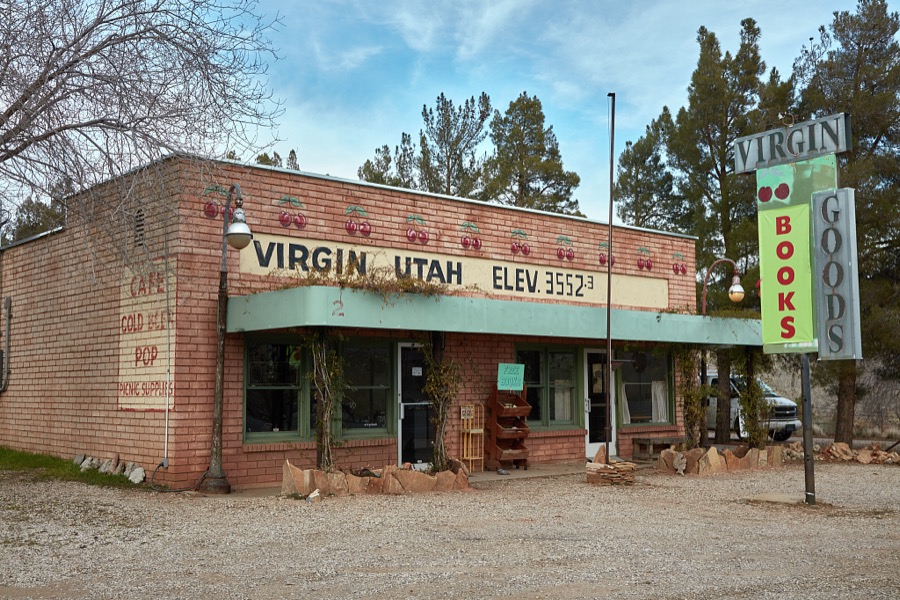 An old cafe, now (as of 2022) mostly a bookstore, in the town of Virgin in southwest Utah