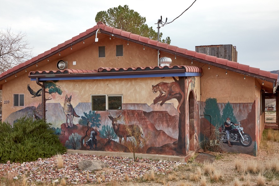 A colorful wall of the Red Coyote Cyclery in the town of Virgin in southwest Utah