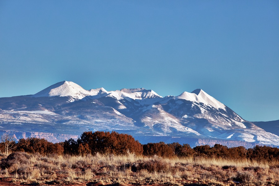 A winter snowfall has left a powdered sugary-like dusting on the low mountains outside Moab in the western U.S. state of Utah