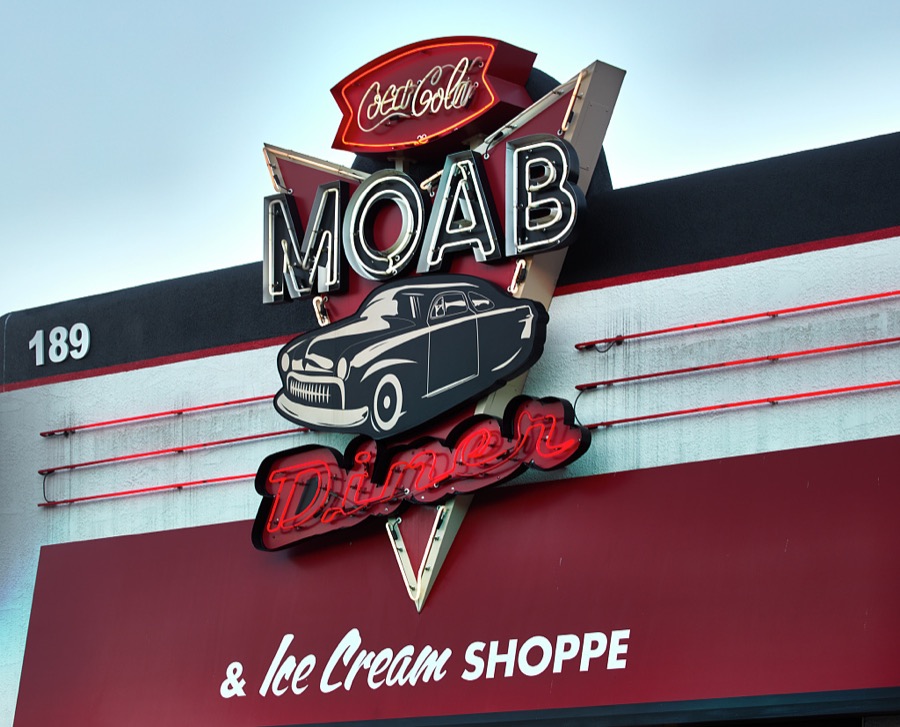 A neon sign evoking vintage times at a diner and ice-cream shop in Moab, the gateway city to the stunning red-rock formations of Arches and Canyonlands national parks and other archeologically rich areas near the Colorado border in the western U.S. state of Utah