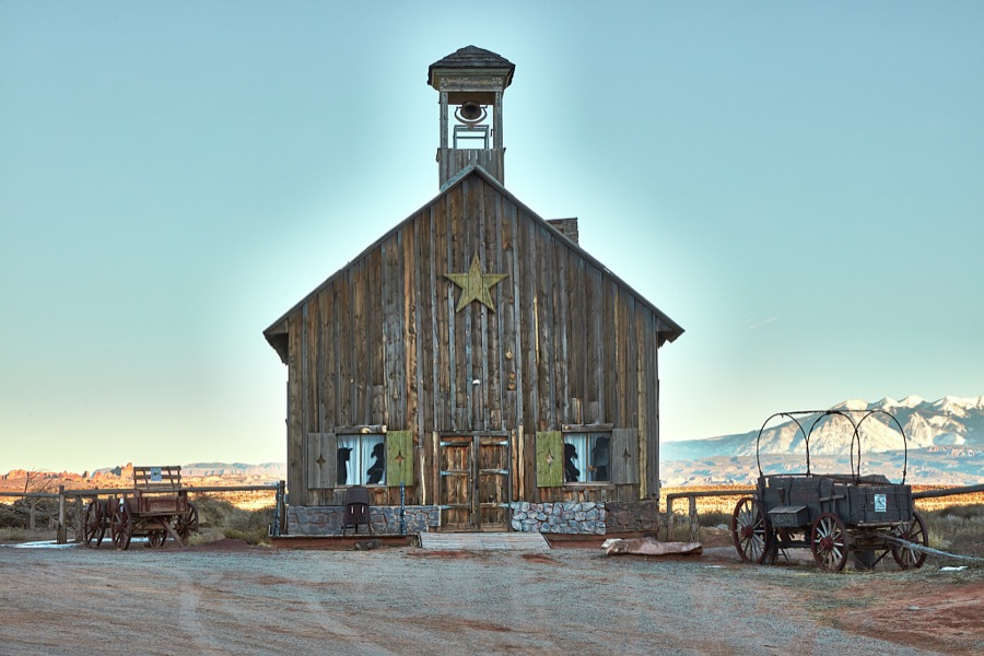 The Archview Campground is dotted with several permanent structures, some new and some old (such as this vintage Old West church) near Moab, the gateway city to the stunning red-rock formations of Arches and Canyonlands national parks and other archeologically rich areas near the Colorado border in the U.S. state of Utah