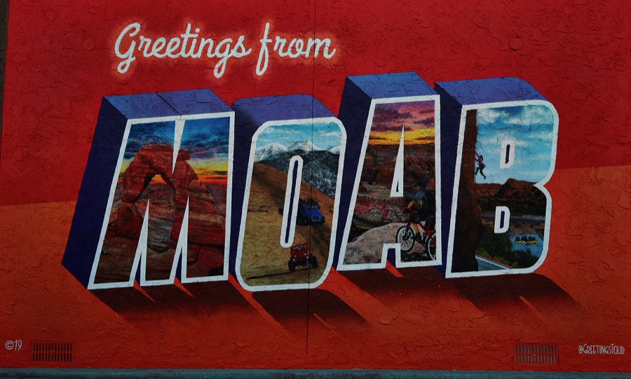 A welcome sign on the outskirts of Moab, the gateway city to the stunning red-rock formations of Arches and Canyonlands national parks and other archeologically rich areas near the Colorado border in the western U.S. state of Utah