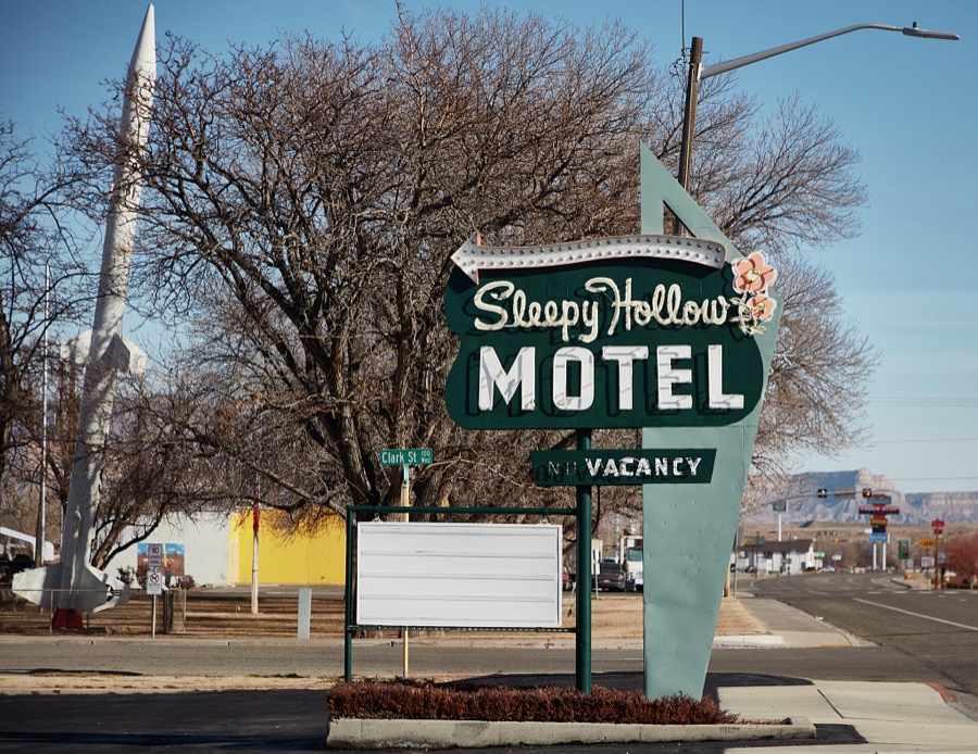 The classic-style sign for the Sleepy Hollow Motel in Moab, the gateway city to the stunning red-rock formations of Arches and Canyonlands national parks and other archeologically rich areas near the Colorado border in the western U.S. state of Utah