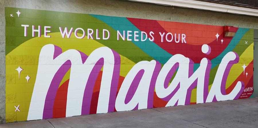 "The World Needs Your Magic" mural by the artist known as "Made by Kate" on the side of the Soda Run store in Richfield, the largest city in the south-central part of the western U.S. state of Utah