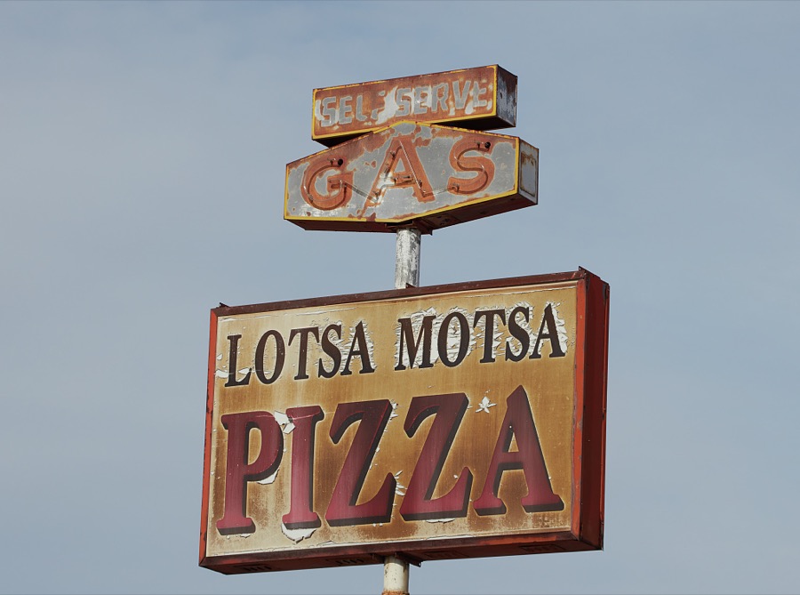 An old sign for the Lotsa Motsa Pizza location in the small city of Salina (population c. 2,600) in the western U.S. state of Utah