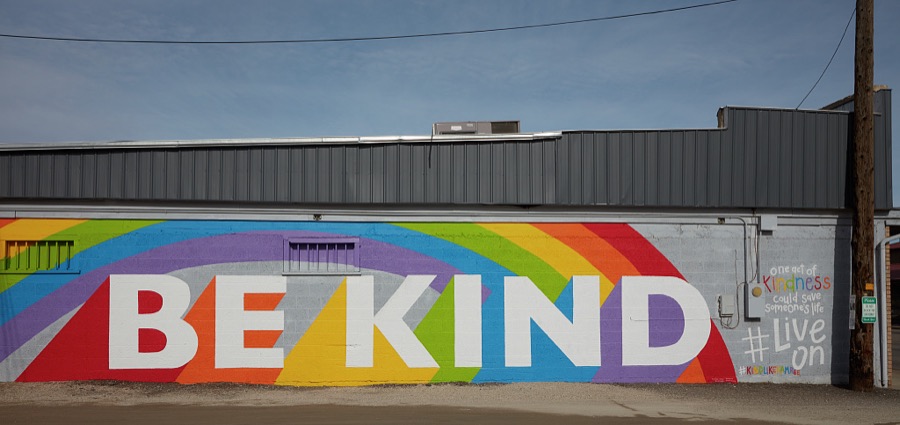 A positive suggestion, attributed to the artist with the hashtag #kindalikekamree appears in this mural on the side of a building in the small city of Salina (population c. 2,600) in the western U.S. state of Utah