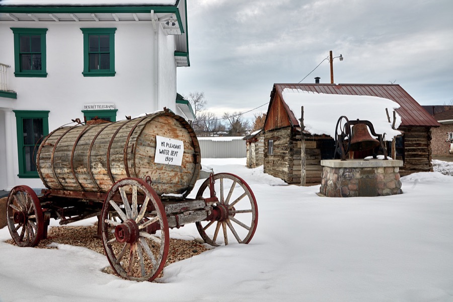 Scene outside the Mt. Pleasant Pioneer Museum and Relic Home in the small central-Utah city (population c. 3,500) of Mt. Pleasant