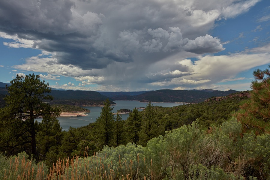 Distant view of the Flaming Gorge Reservoir, which impounds the water of the Green River in desolate Daggett County, the north easternmost county in the western state of Utah