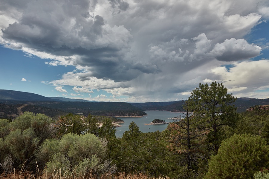 Distant view of the Flaming Gorge Reservoir, which impounds the water of the Green River in desolate Daggett County, the north easternmost county in the western state of Utah