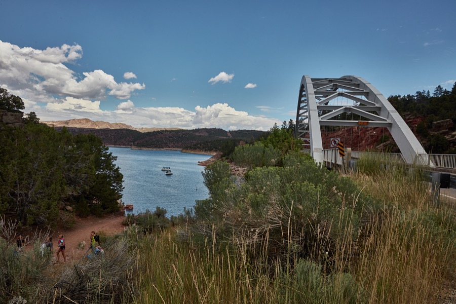 View of the Flaming Gorge Arch Bridge, built in 1962, which carries U.S. Highway 191 over the Flaming Gorge Reservoir, which impounds the water of the Green River in desolate Daggett County, the north easternmost county in the western state of Utah