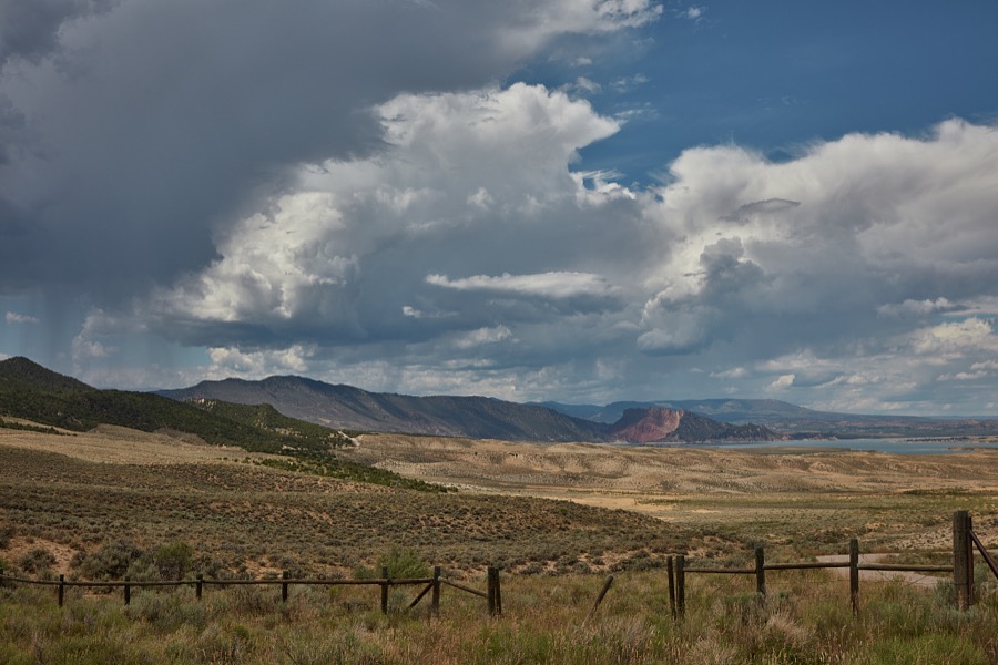 Distant view of the Flaming Gorge Reservoir, which impounds the water of the Green River in desolate Daggett County, the north easternmost county in the western state of Utah