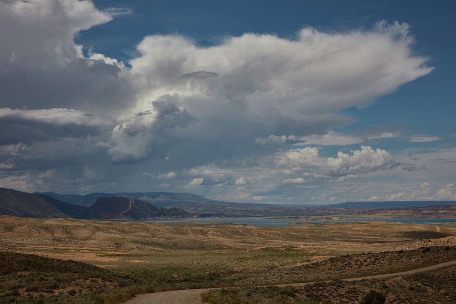 Distant view of the Flaming Gorge Reservoir, which impounds the water of the Green River in desolate Daggett County, the north easternmost county in the western state of Utah
