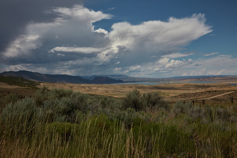 Distant view of the Flaming Gorge Reservoir, which impounds the water of the Green River in desolate Daggett County, the north easternmost county in the western state of Utah