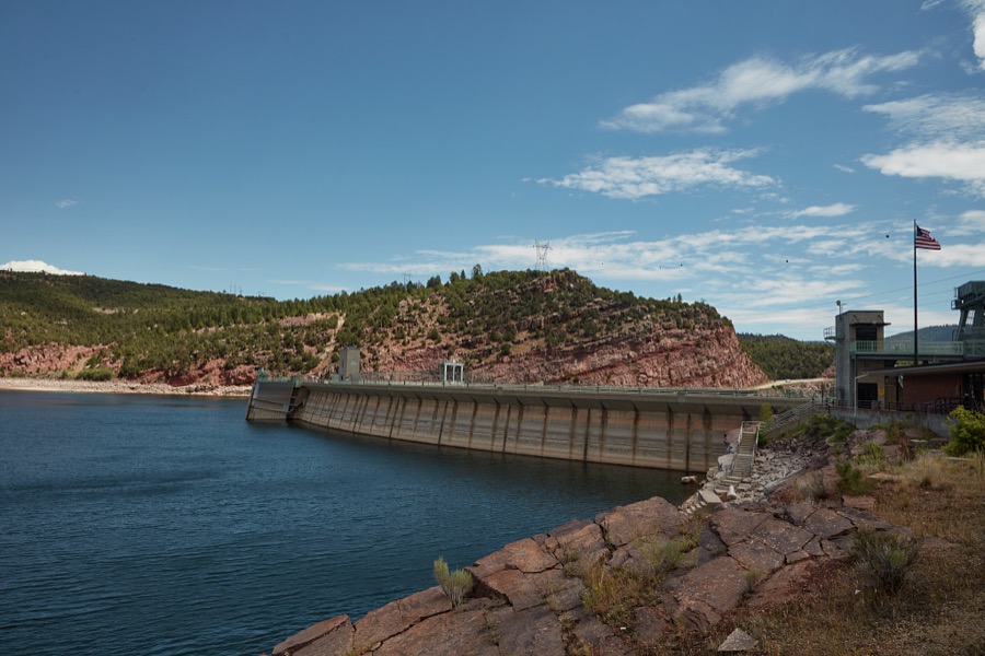 Spillway of the Flaming Gorge Reservoir, which impounds the water of the Green River in desolate Daggett County, the north easternmost county in the western state of Utah
