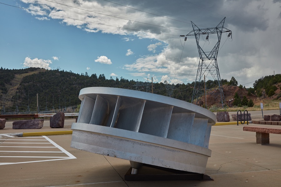A turbine wheel, installed in 1963 and removed and put on display in 2005 at the Flaming Gorge Reservoir, which impounds the water of the Green River in desolate Daggett County, the north easternmost county in the western state of Utah