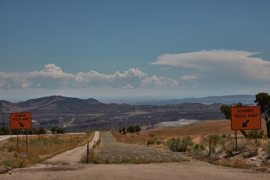 Runaway truck ramps such as this are not an unusual sight in this mountainous portion of rugged Uintah County near the Colorado border in northeast Utah, where drivers encounter six hairpin turns on a steep decline