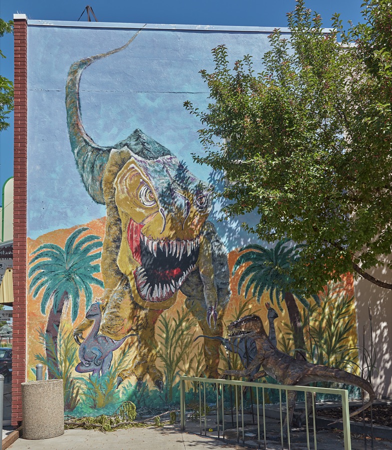 Murals and other art figures of fearsome dinosaurs such as this are not unusual in the small city of Vernal in eastern Utah's Uintah County