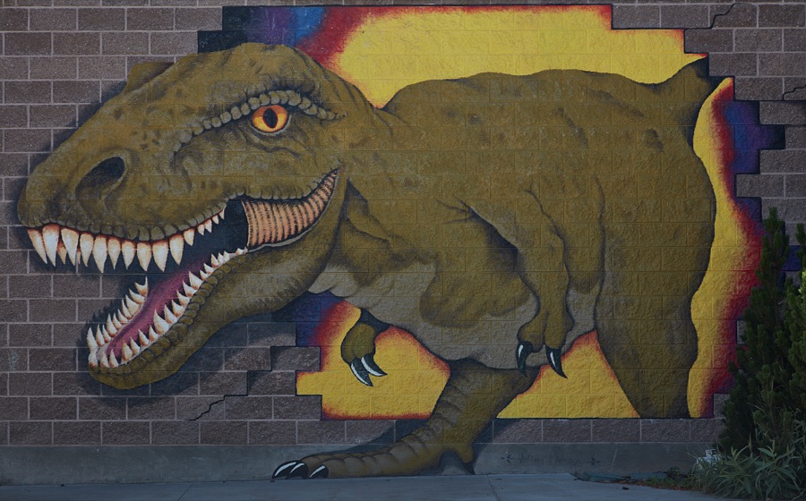 Murals and other art figures of fearsome dinosaurs such as this are not unusual in the small city of Vernal in eastern Utah's Uintah County