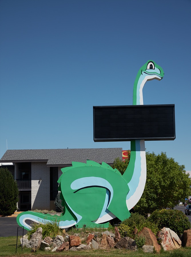 Murals and quirky art figures of dinosaurs such as this are not unusual in the small city of Vernal in eastern Utah's Uintah County