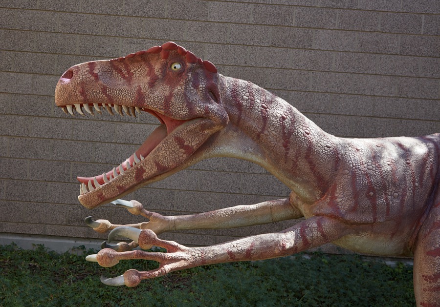 David Thomas's sculpture of a Utah raptor predatory dinosaur outside the Utah Field House of Natural History State Park Museum in the small city of Vernal in eastern Utah's Uintah County