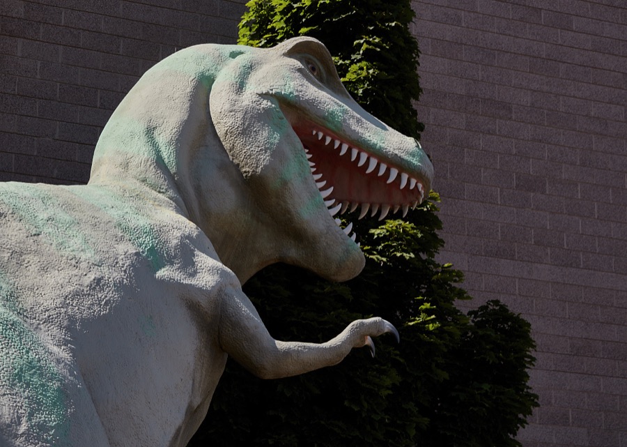 Figure of a Tyrannosaurus rex dinosaur outside the Utah Field House of Natural History State Park Museum in the small city of Vernal in eastern Utah's Uintah County